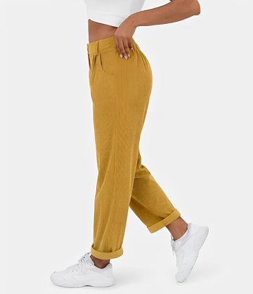 Liana - Pantalon taille haute à texture côtelée, coupe relax