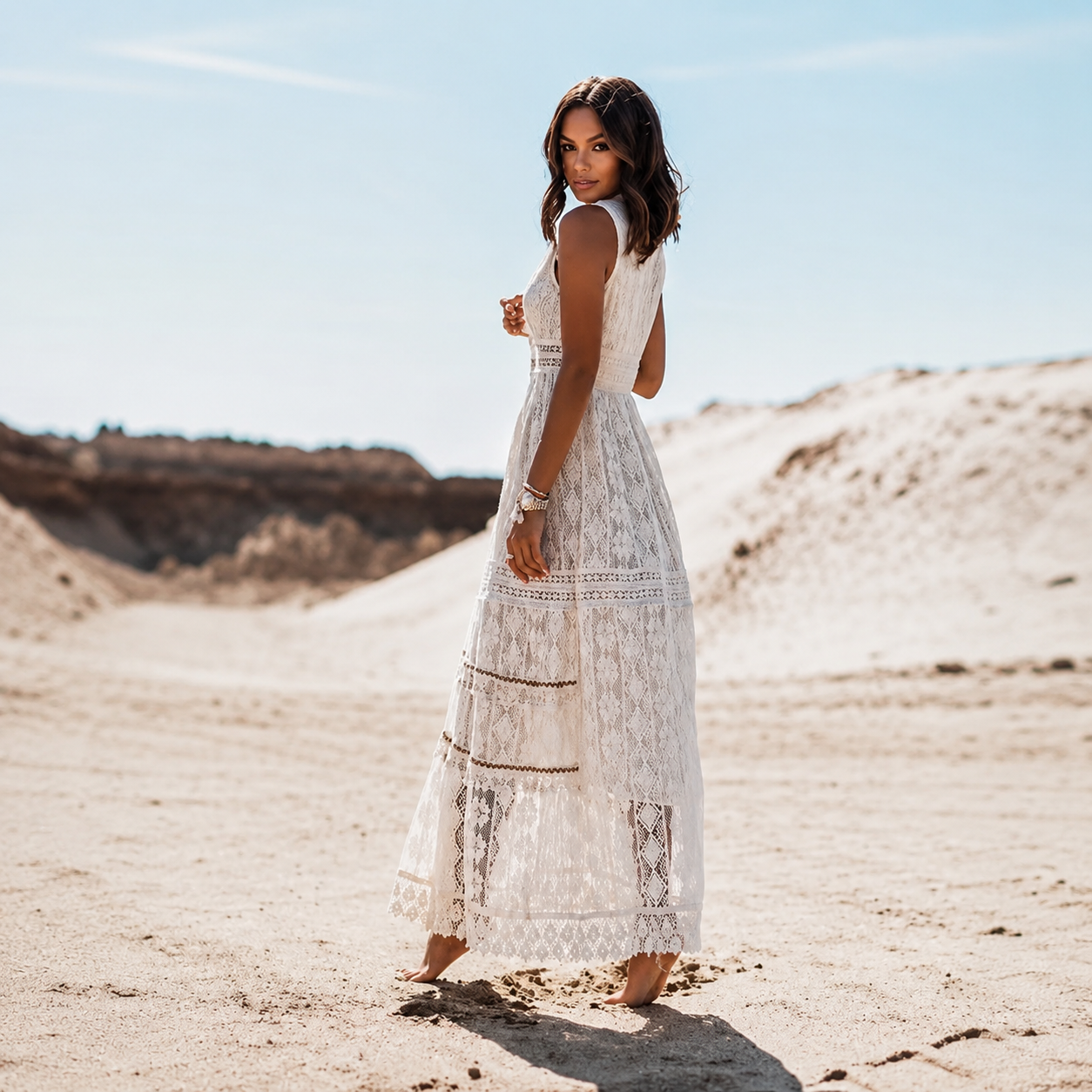 Flossie - Robe Maxi Élégante avec Col V et Taille Haute