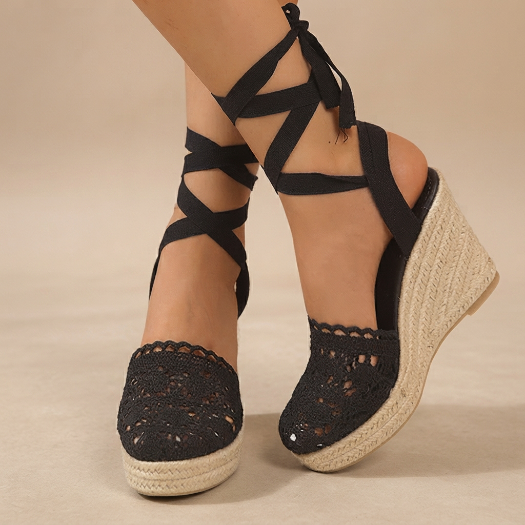 Jeanede - Sandales à Talons Compensés Élégantes avec Lacets