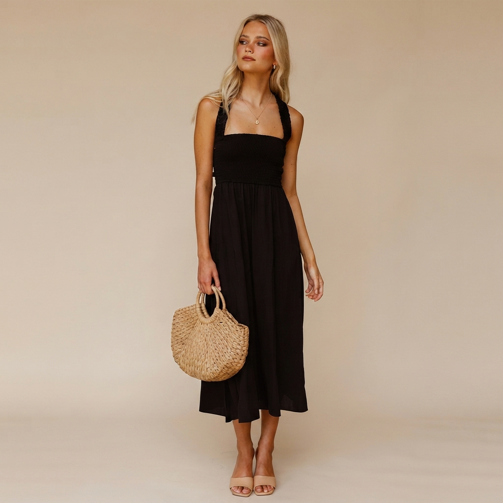 Lena - Robe Midi Élégante à Col Carré