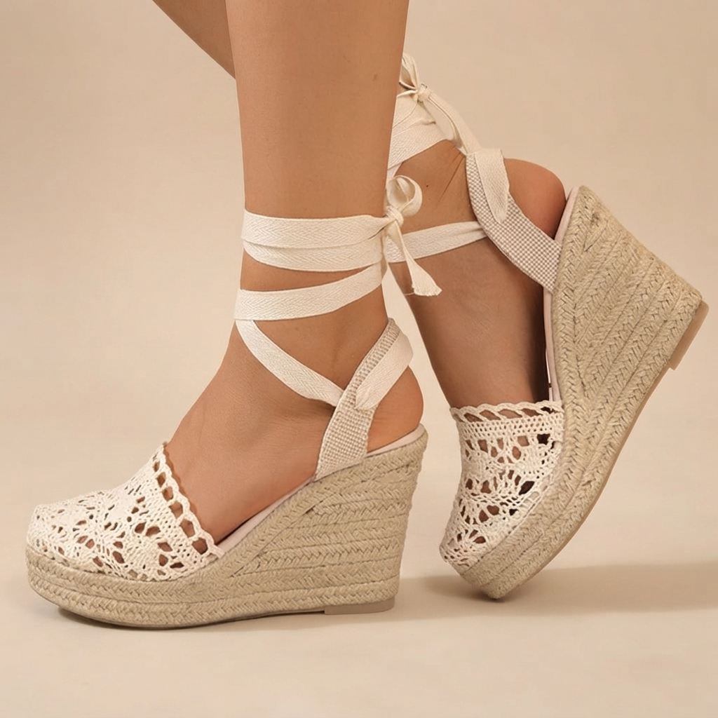 Jeanede - Sandales à Talons Compensés Élégantes avec Lacets