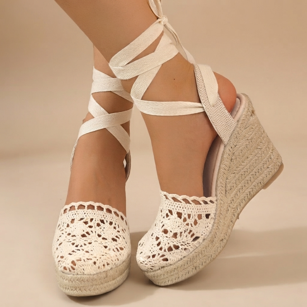 Jeanede - Sandales à Talons Compensés Élégantes avec Lacets