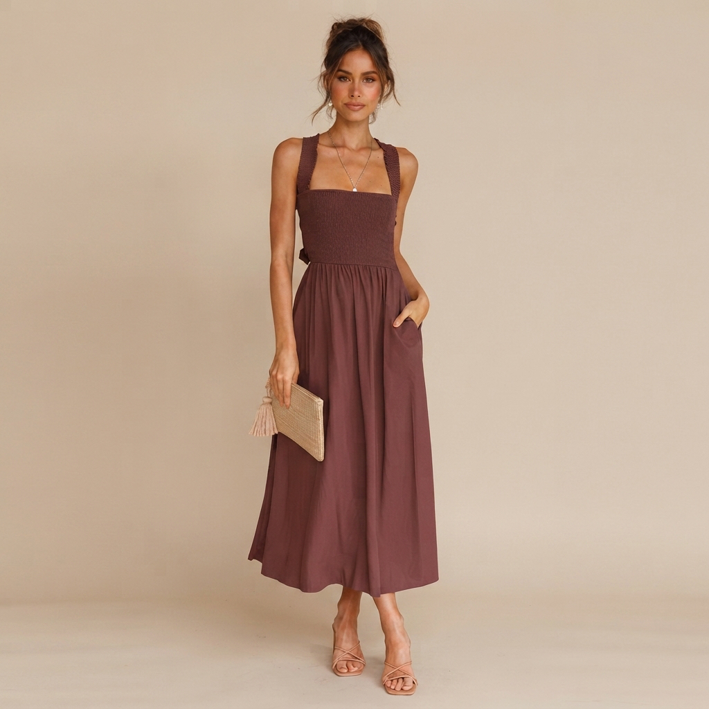 Lena - Robe Midi Élégante à Col Carré