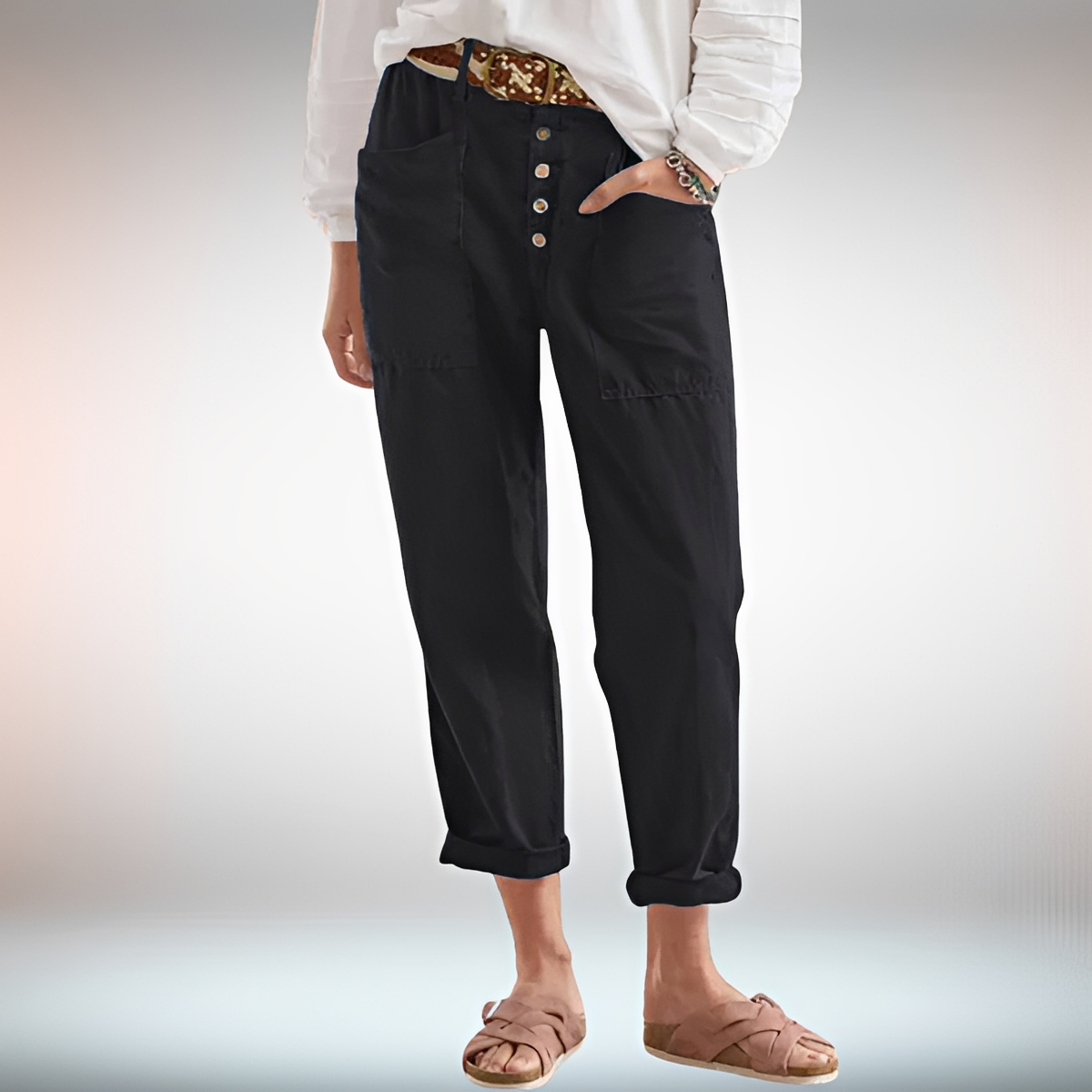 Rhonwen - Pantalon Chic avec Boutons et Coupe Large