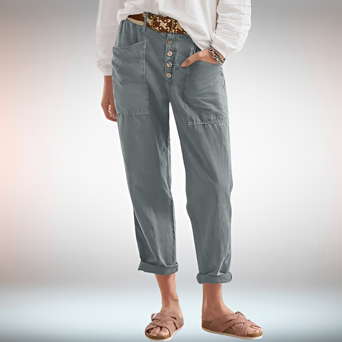 Rhonwen - Pantalon Chic avec Boutons et Coupe Large
