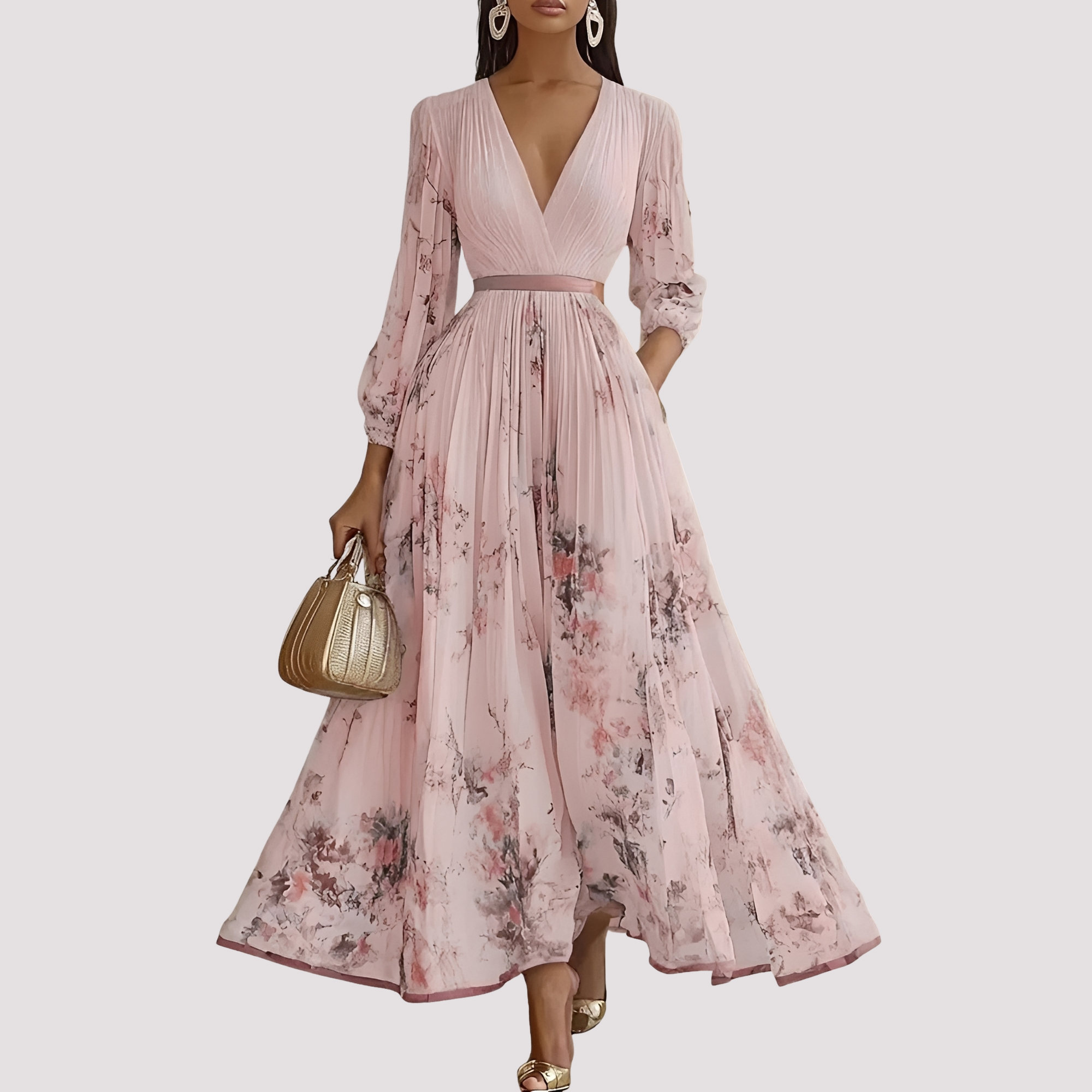 Leah - Robe Midi à Manches Longues avec Motifs Floraux