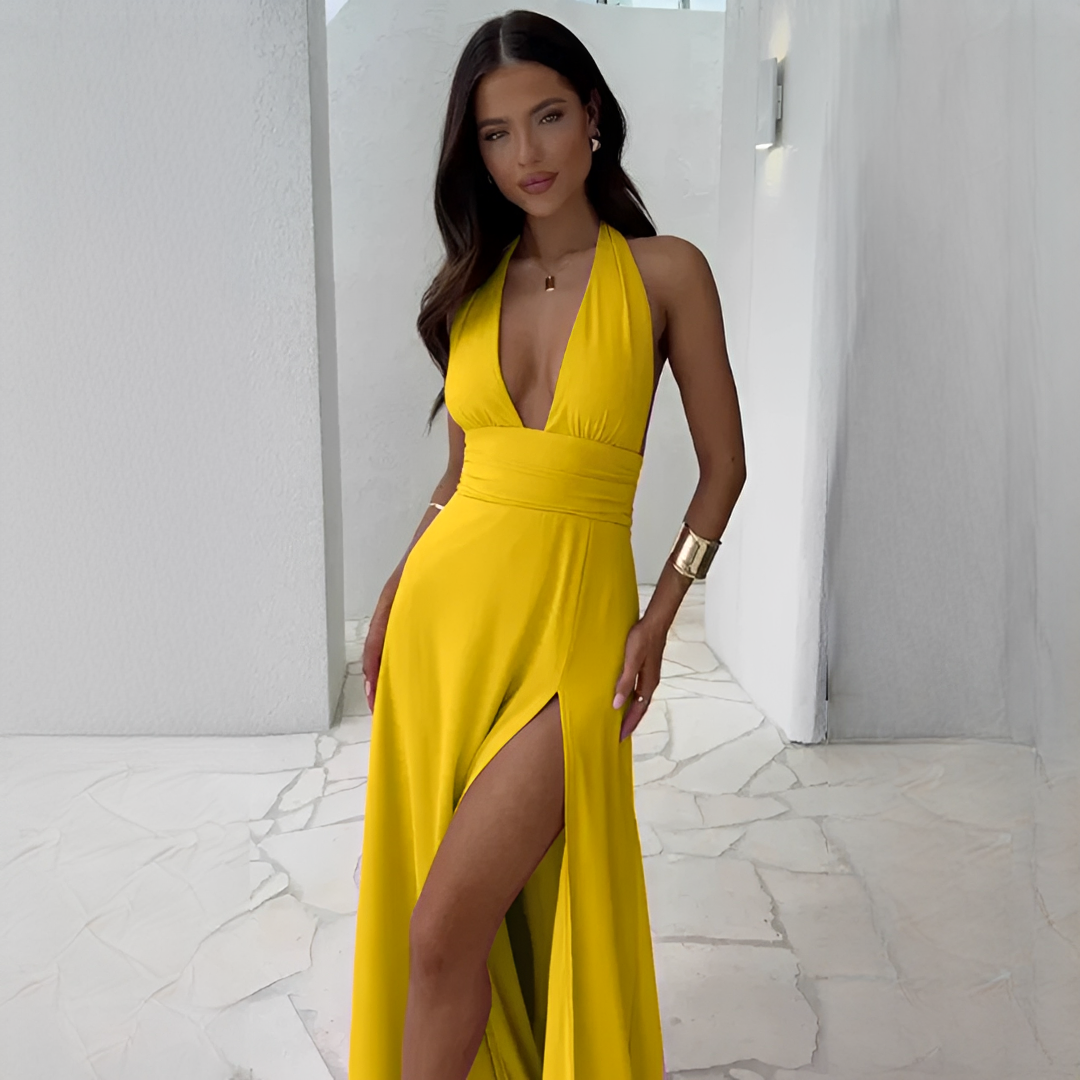 Fiona - Robe tendance avec col en V et fente pour femme