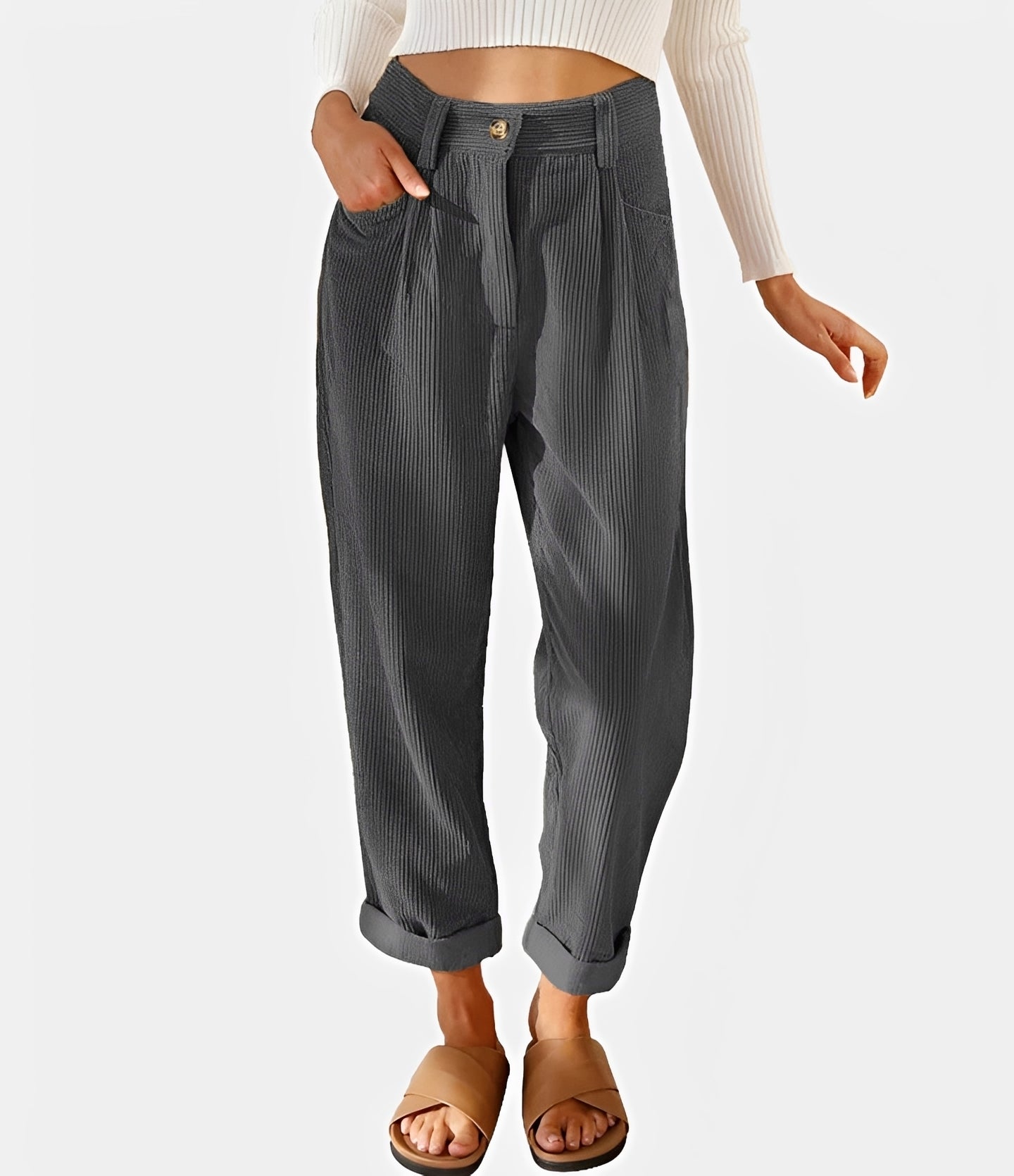 Liana - Pantalon taille haute à texture côtelée, coupe relax