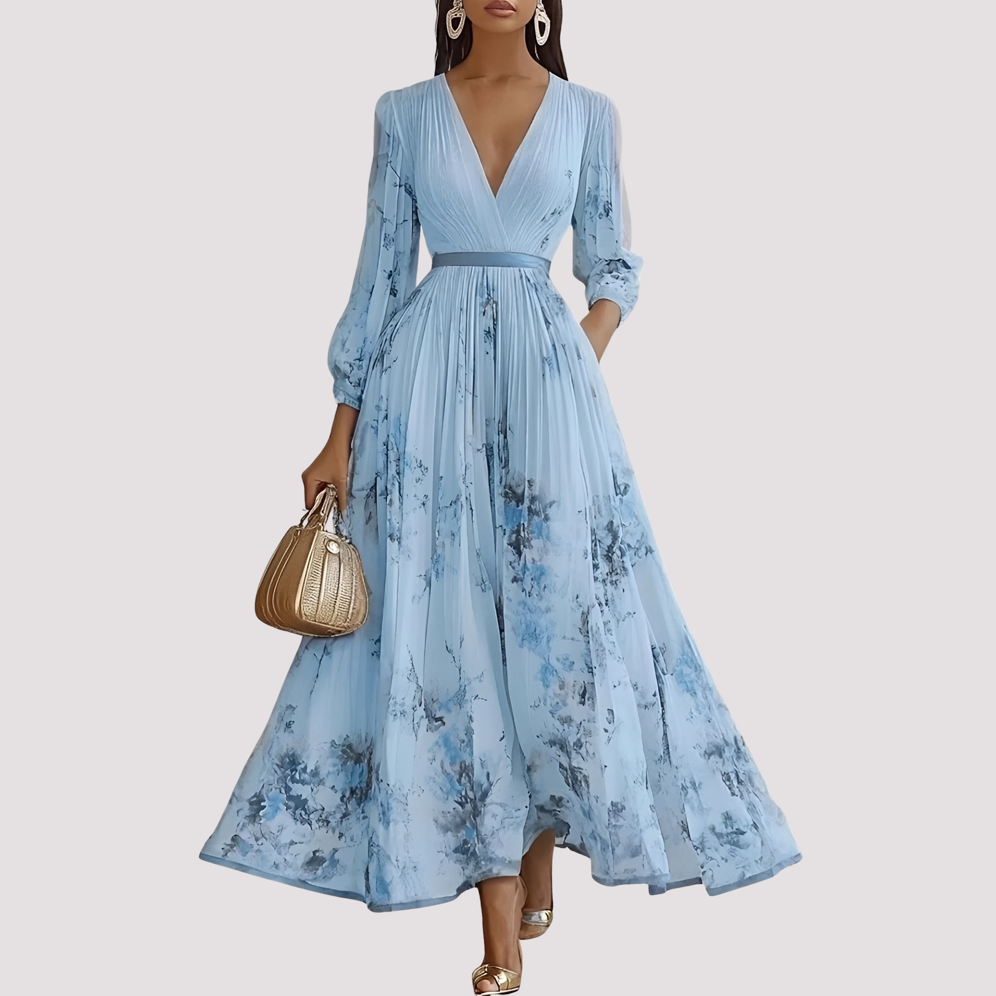 Leah - Robe Midi à Manches Longues avec Motifs Floraux