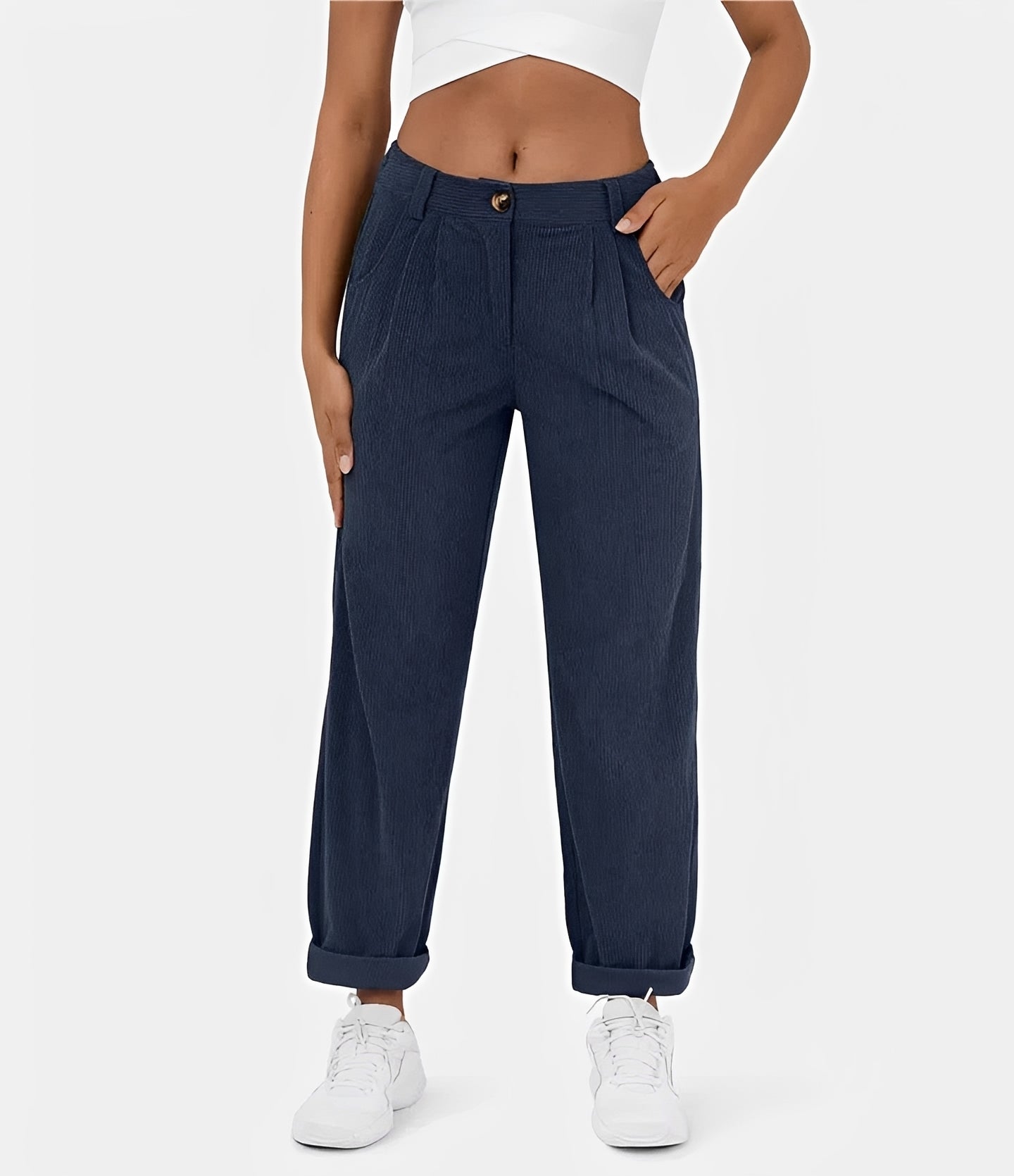 Liana - Pantalon taille haute à texture côtelée, coupe relax