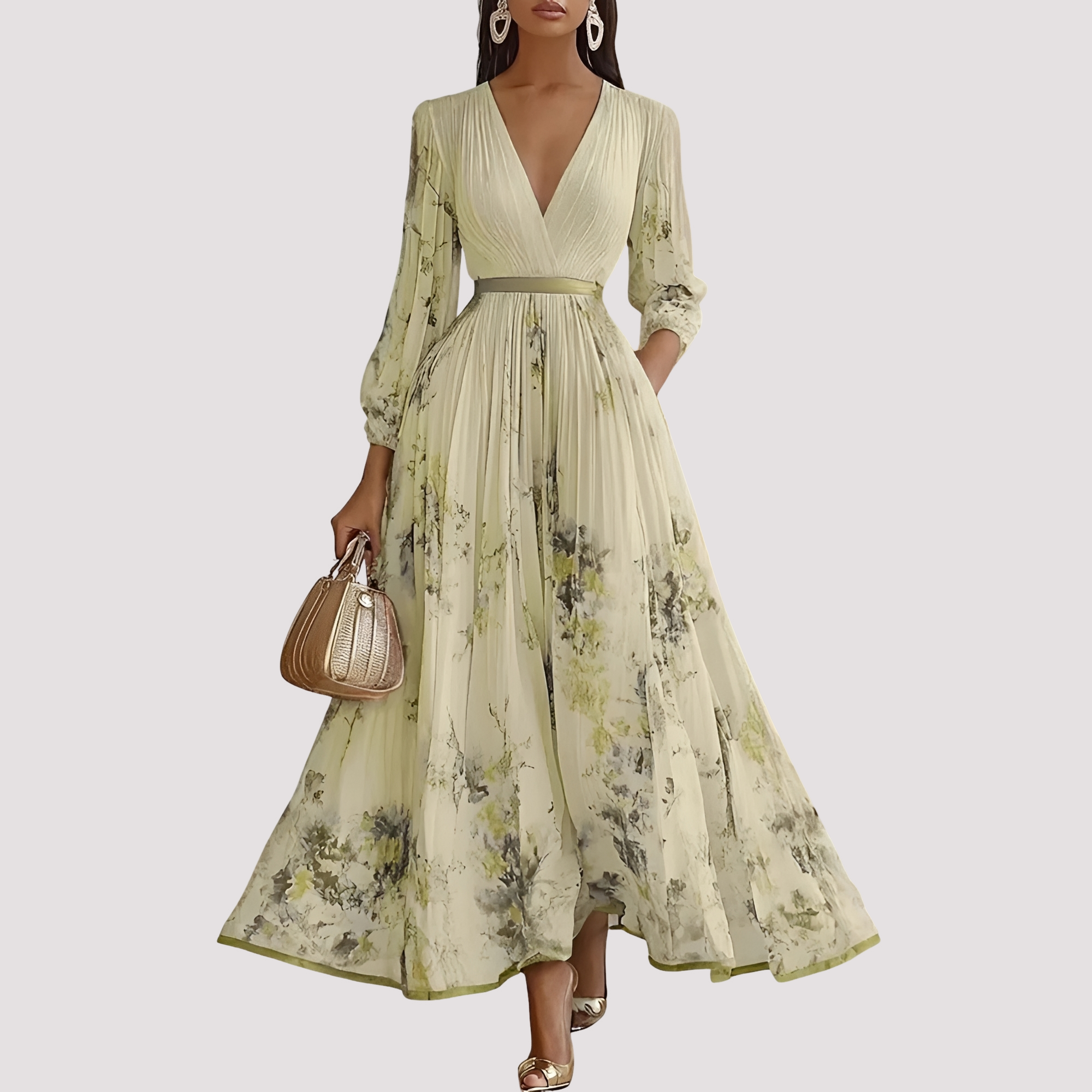 Leah - Robe Midi à Manches Longues avec Motifs Floraux