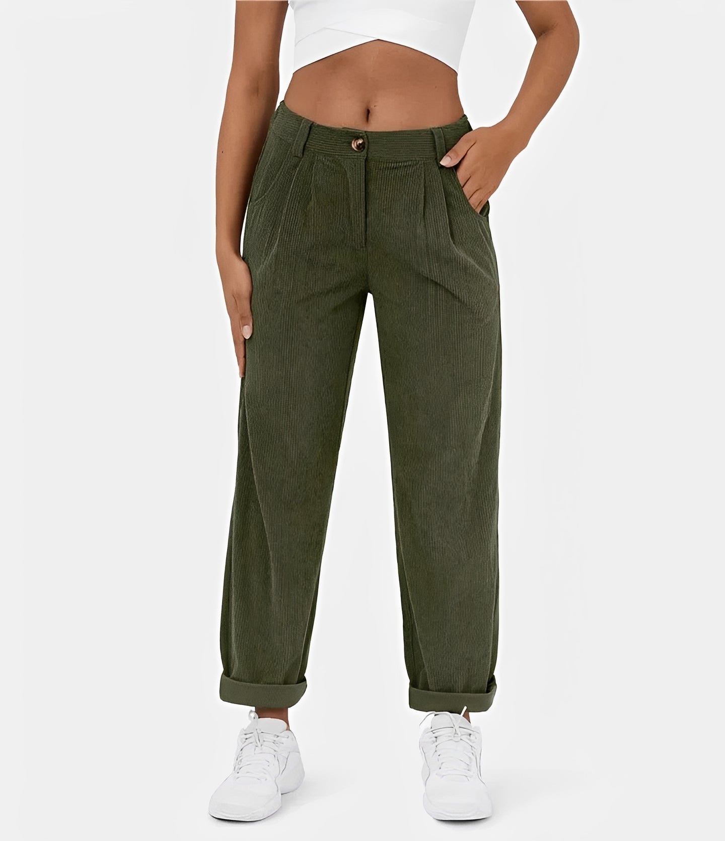 Liana - Pantalon taille haute à texture côtelée, coupe relax
