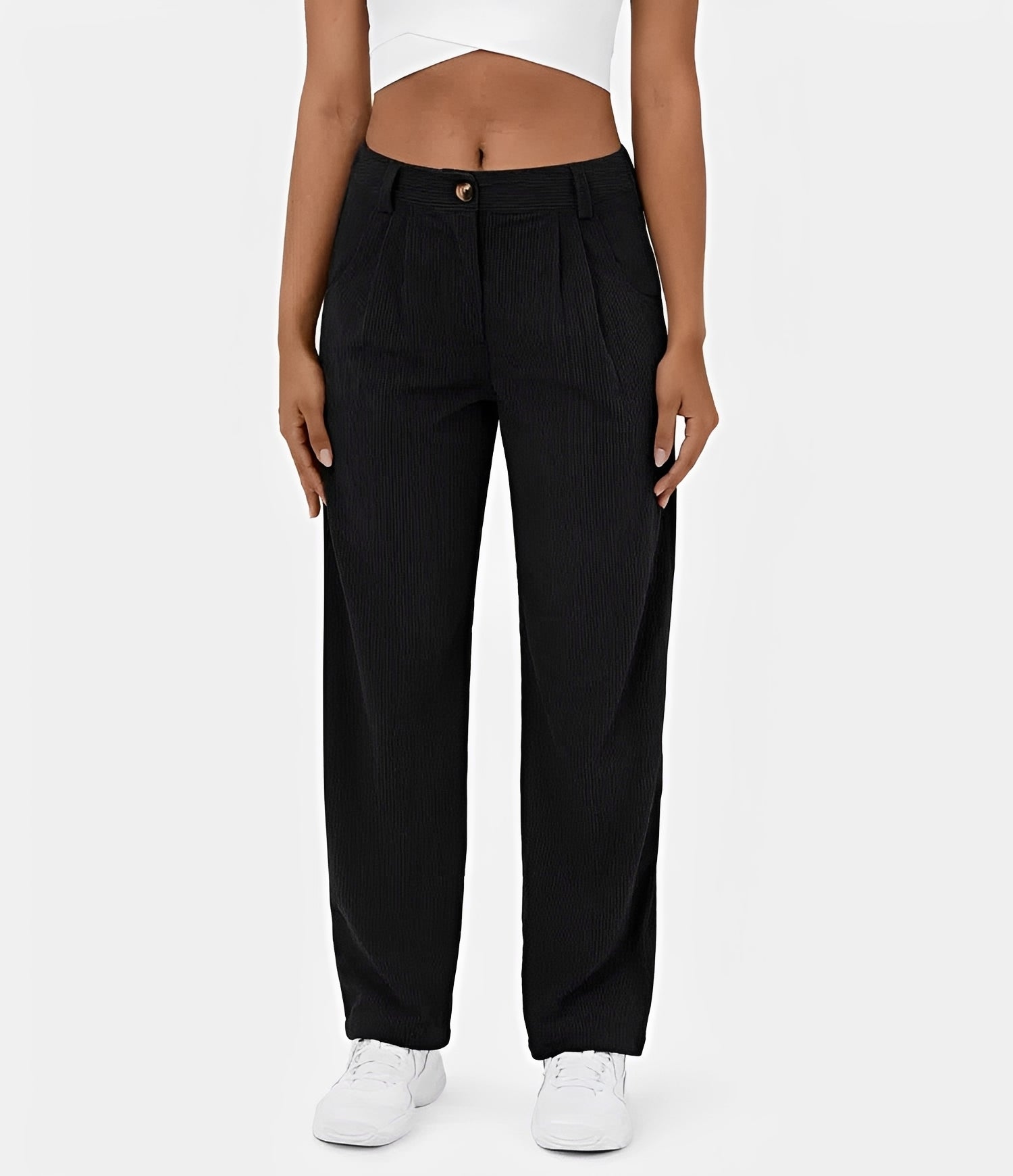 Liana - Pantalon taille haute à texture côtelée, coupe relax