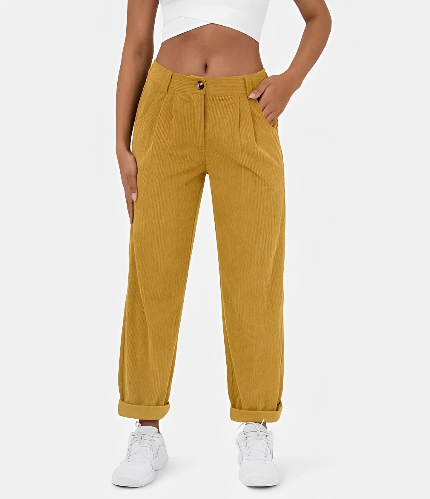 Liana - Pantalon taille haute à texture côtelée, coupe relax