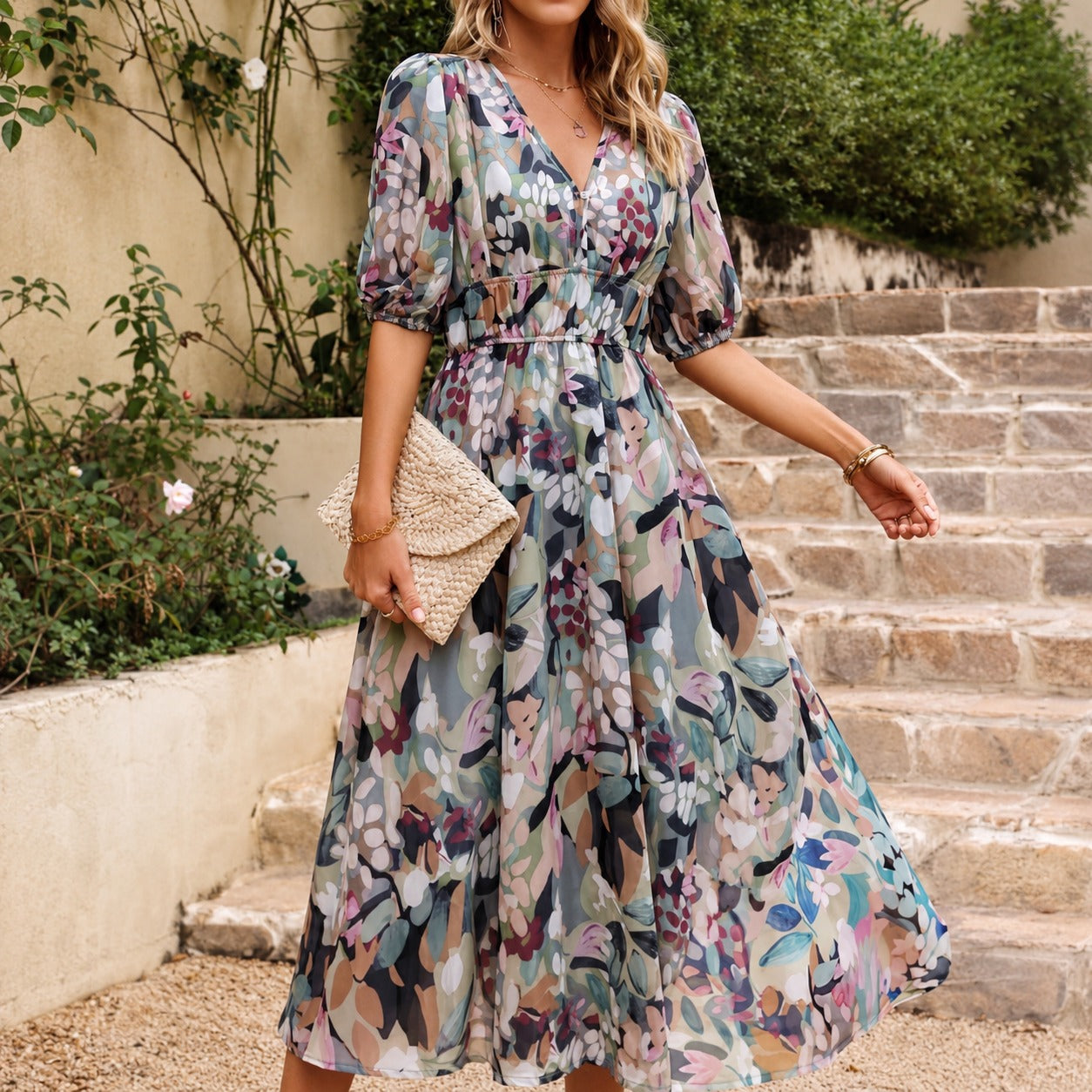 Doherty - Robe Midi avec Motifs Floraux Décontractée