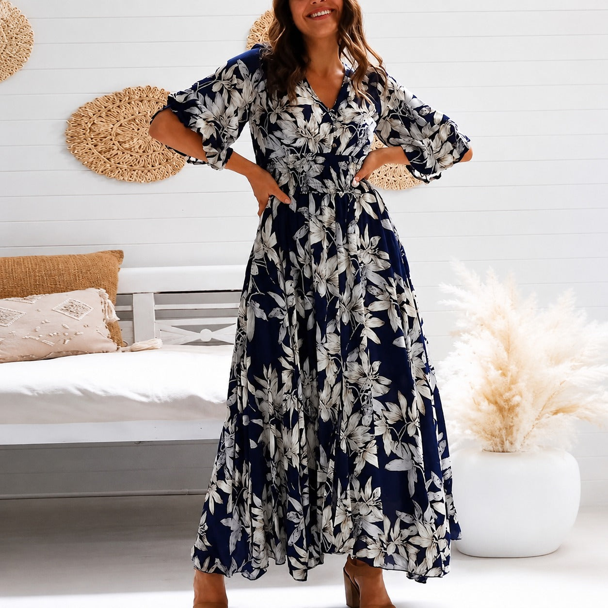 Michaela - Robe Chic Mi-longue à Motifs Floraux Amples