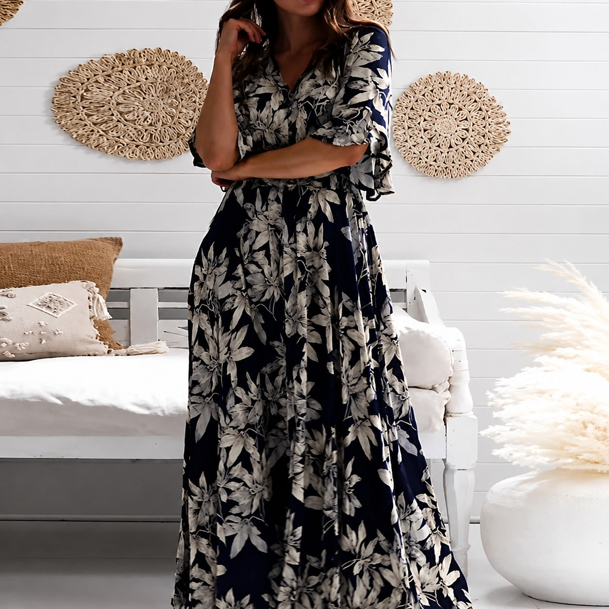 Michaela - Robe Chic Mi-longue à Motifs Floraux Amples
