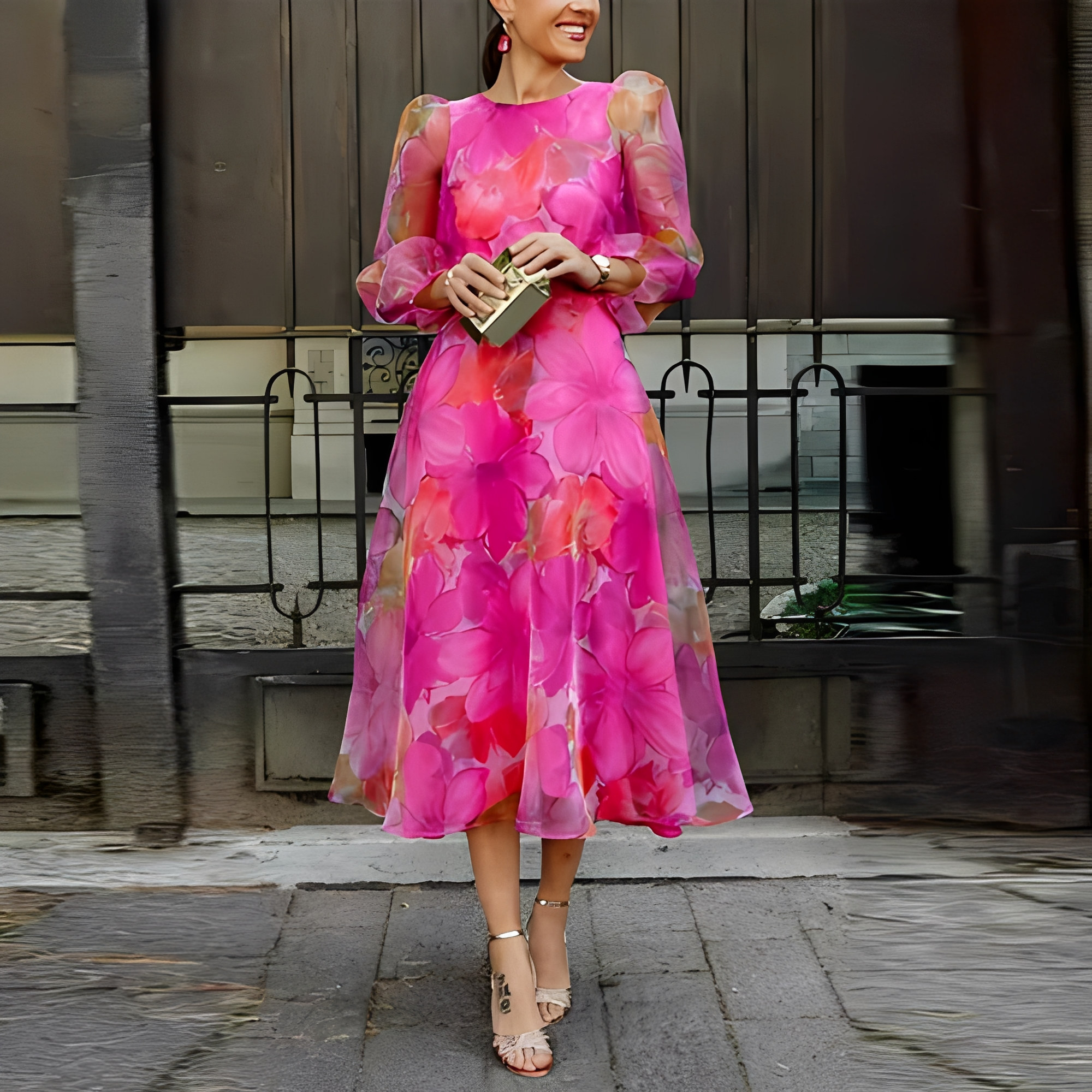 Elvie - Robe élégante avec motifs floraux et manches longues pour femme