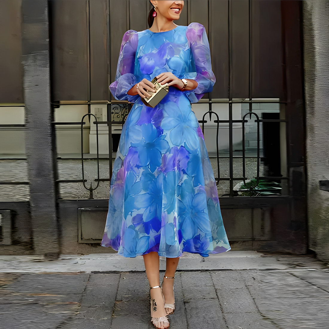 Elvie - Robe élégante avec motifs floraux et manches longues pour femme
