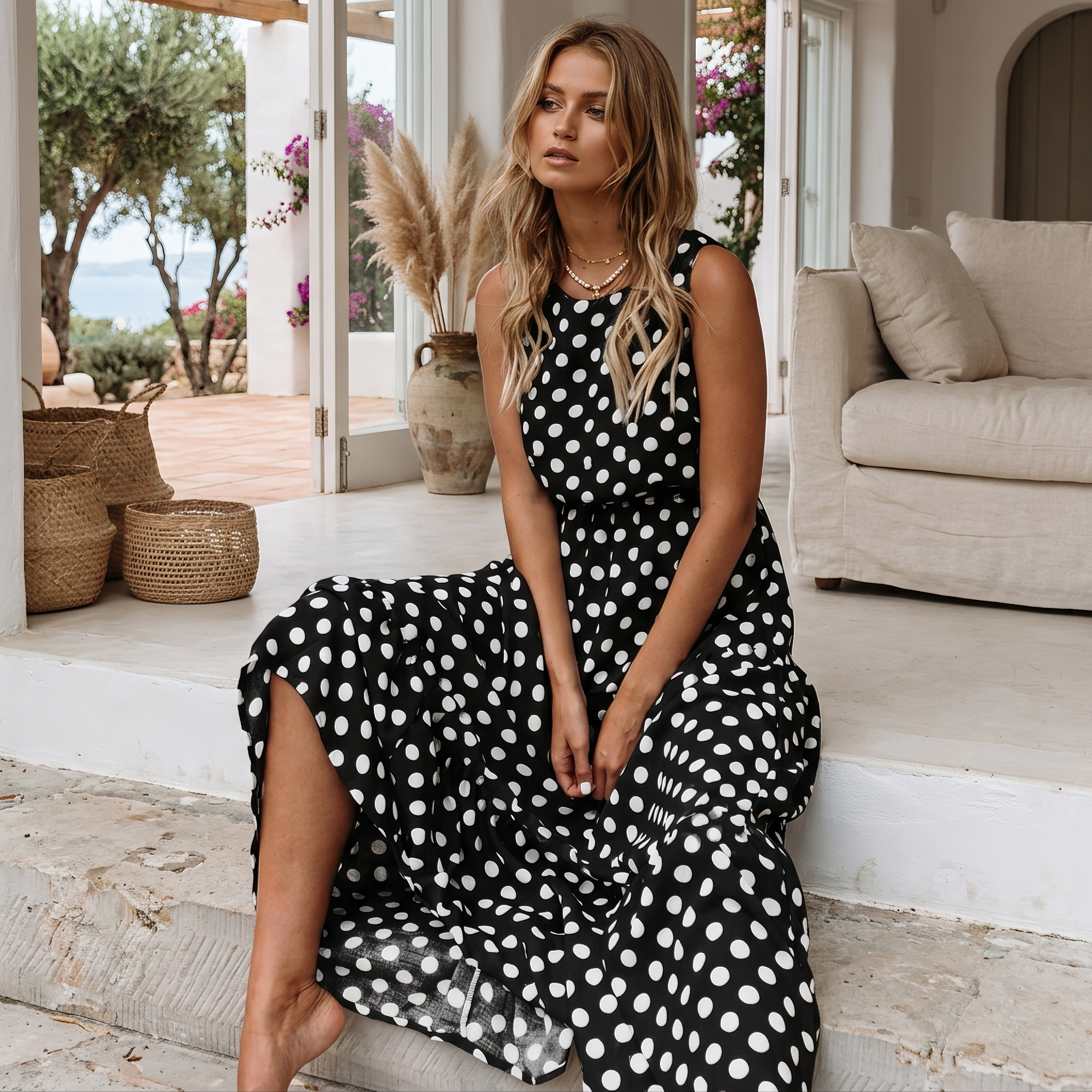 Edith - Robe Lâche sans Manches à Pois